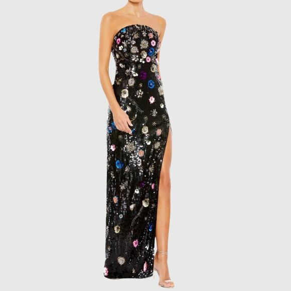 Mac Duggal Size 12 Black Floral Sequined Strapless Column Long Maxi Dress Gown - Picture 5 of 7